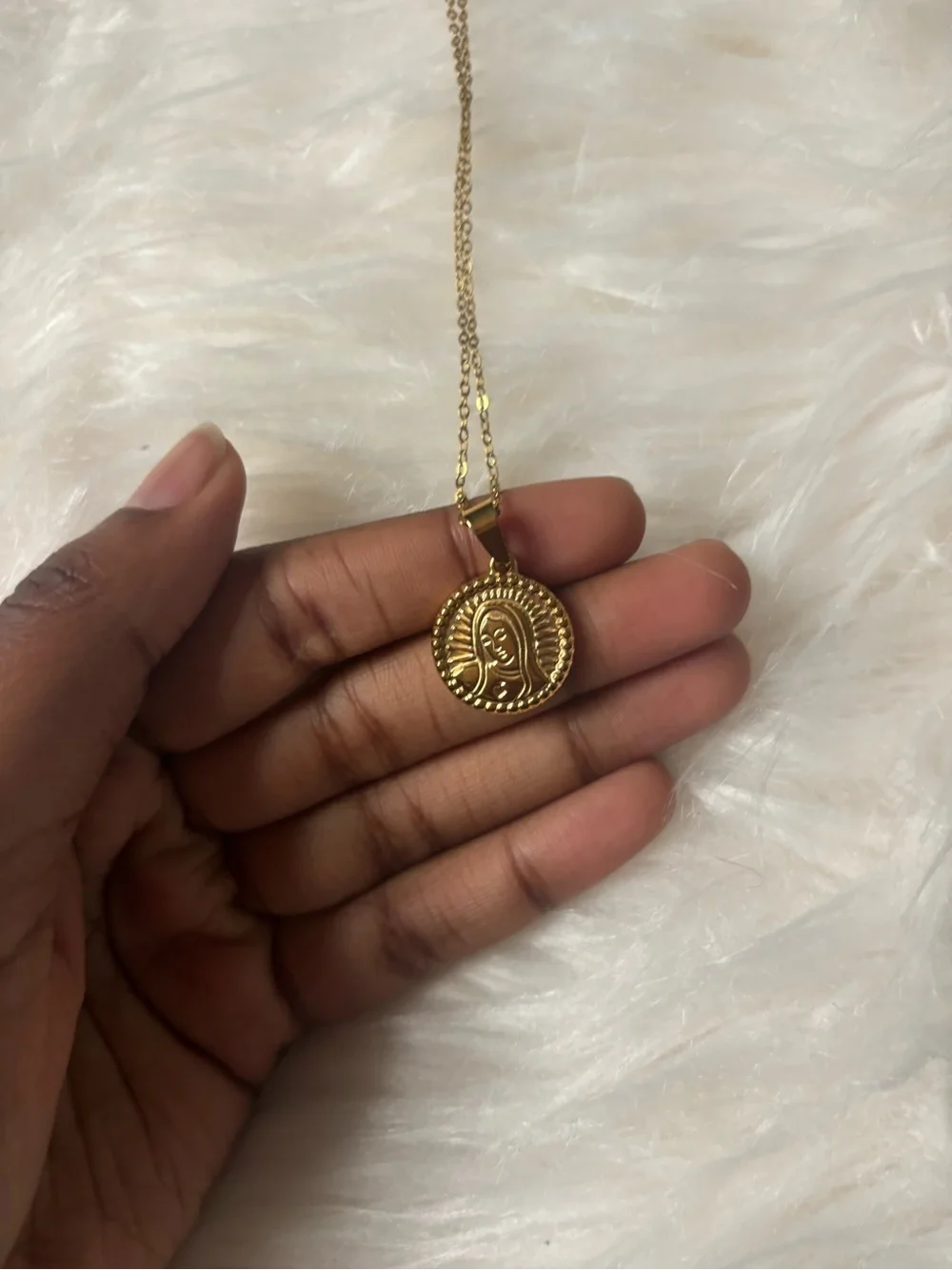 Gold Virgin Mary necklace with earrings